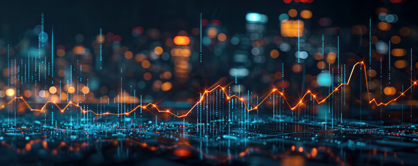 A stunning financial chart set against a city skyline at night, illuminated by neon lights. AI generative technology enhances the ray tracing for a mesmerizing visual experience.