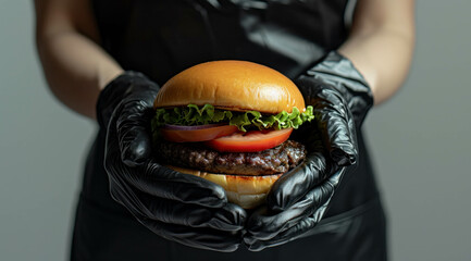 Innovative photography captures hands in rubber gloves holding a hamburger, with a futuristic twist. AI generative technology adds a unique, modernistic flair.