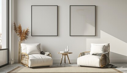 Create a harmonious living environment with minimalist furniture and mockup poster artwork, 