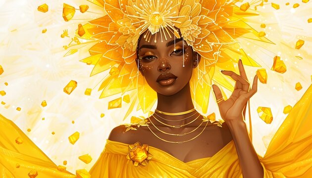 woman in a yellow citrine crystal headdress yellow dress glowing vibrant radiant sunshine good vibes 