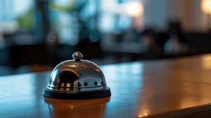 Service bell on the table hotel reception with blurred background