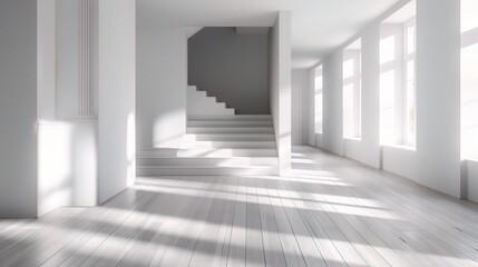 Mock-up of white empty room and wood laminate floor with sun light cast the shadow on the wall - obrazy, fototapety, plakaty
