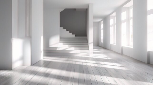 Mock-up of white empty room and wood laminate floor with sun light cast the shadow on the wall