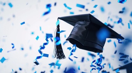 Greeting card banner, Graduation mortarboard cap and blue confetti for ceremony messages