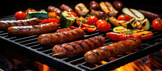 Savory barbecue sausages and vibrant vegetables are sizzling on the grill, releasing delicious aromas and creating a mouth-watering meal. - obrazy, fototapety, plakaty