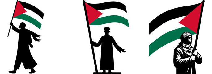 Palestinian man holding Palestinian flag Palestinian freedom vector set isolated white background 
