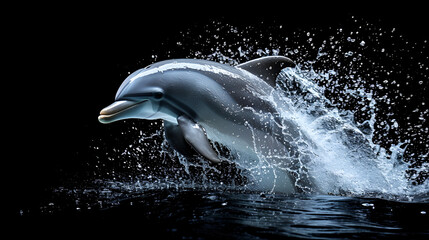 Cute dolphin jumping isolated on black background with splashes of water. generative ai 