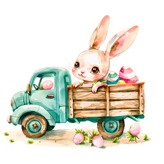 Watercolor Rabbit and Truck Illustration