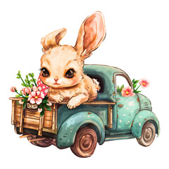  Rabbit and Truck Watercolor Art