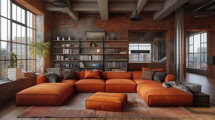 Fototapeta premium Loft Design. Room in loft style. Living room loft in industrial style with brown sofa, 3d render. Real estate concept. Design concept. 3d design. Loft concept. Creative concept. Old school concept.
