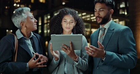 Business people, meeting and tablet with senior for coaching at night, digital schedule and urban planning for architecture deadline. Architect team, mentor and online project management outdoor