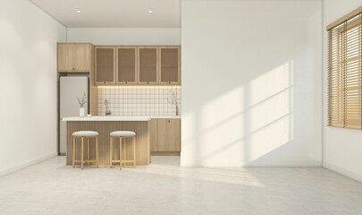 Modern japan style empty room with kitchen minimalist built-in cabinet and bar counter, white wall and polished concrete floor.3d rendering