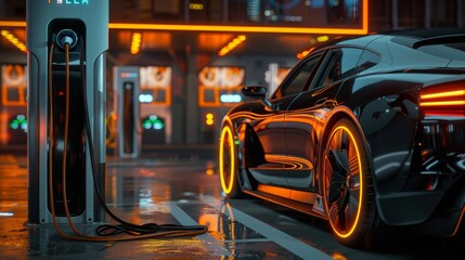Fototapeta premium Green Power Energy Concept: Electric car being charged at EV charging station.
