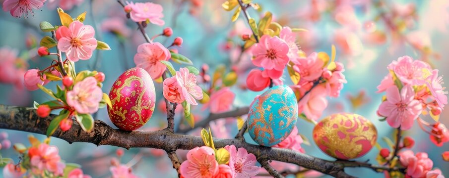 A Symphony of Spring: Colorful Easter Eggs Nestled Under the Canopy of a Blossom-Adorned Tree