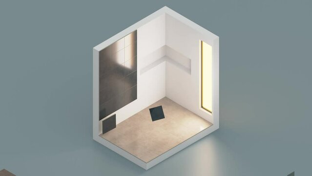 Orthographic animation of bathroom. time-lapse animation showing a process of building interior. bathroom is being assembled