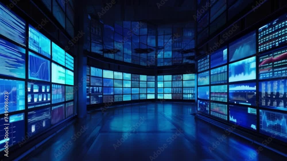 Poster a room filled with large screens displaying realtime data on market demand allowing for swift decisi