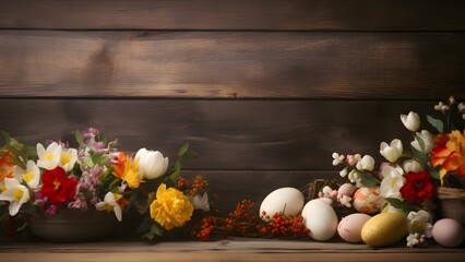 Obraz na płótnie Canvas Easter eggs and flowers on wooden background 