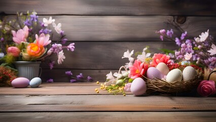 Easter eggs and flowers on wooden background 
