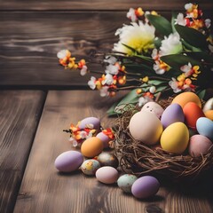 Easter eggs and flowers on wooden background 