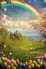 A Magical Easter Adventure: A Vibrant Rainbow Arcing Over a Lush Meadow, Leading to a Joyous Celebration of Easter