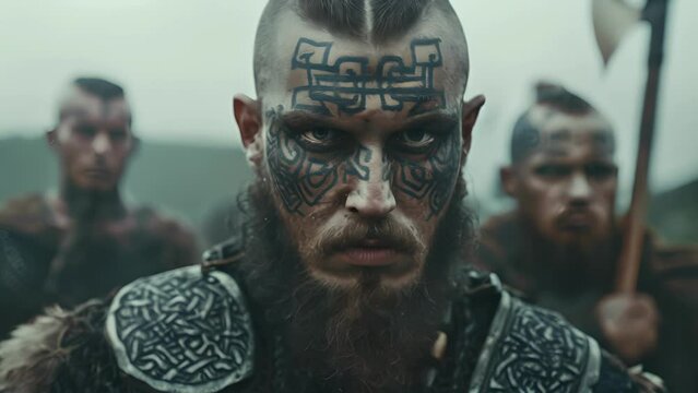 A group of Celtic warriors their faces decorated with intricate tattoos prepare to storm a Roman fortress with determination in their eyes.