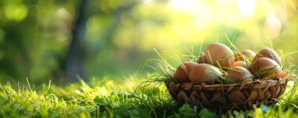 A Rustic Celebration of Spring: Hand-Carved Wooden Easter Eggs Nestled Gently in a Woven Basket Amidst Fresh Green Grass