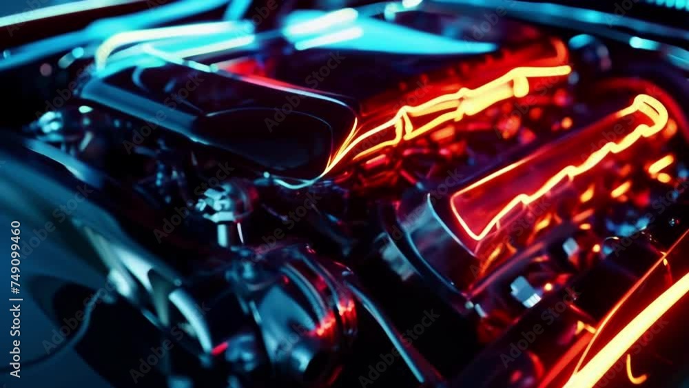 Poster a closeup of a glowing red valve cover with the reflection of the neon lights creating a mesmerizing