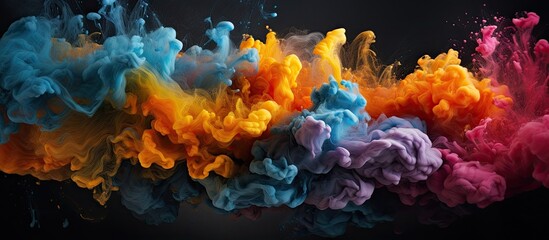 A group of colored smokes appear to be floating in the air, creating a vibrant and dynamic display. The smokes swirl and blend together, creating a mesmerizing visual effect against a dark backdrop.