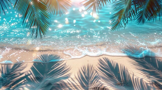 palm leaf shadow on abstract white sand beach background, sun lights on water surface