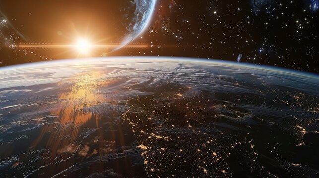 Panoramic view of the Earth, sun, star and galaxy. Sunrise over planet Earth