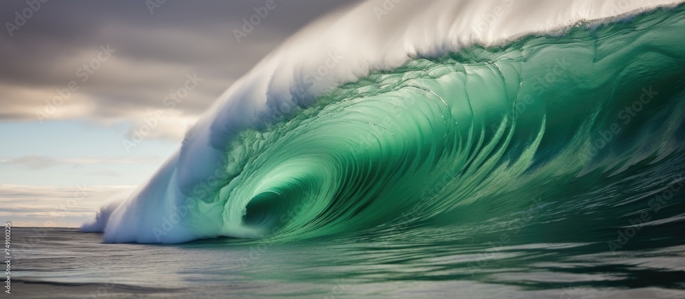 Poster a massive wave rises up in the middle of the ocean, displaying immense power and force as it breaks.