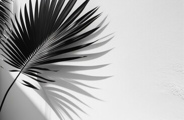 Silhouette of a palm or bamboo leaf and branch and the shadow of a plant on a white wall. Space for text. A decorative element.
