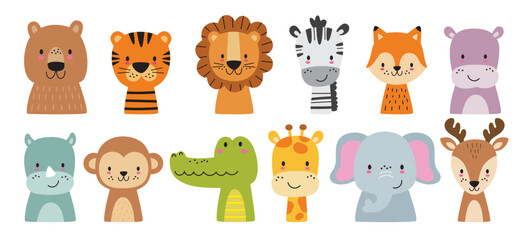 Cute wild animal faces set. Vector illustration of woodland and safari animal faces including a bear, tiger, lion, zebra, giraffe, fox, hippy, rhino, monkey, crocodile, elephant, and dear.