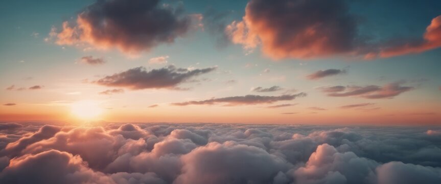 Breathtaking sunset above the clouds, with the sun’s warm hues painting a serene and fluffy cloudscape.