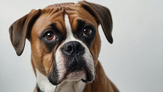 Close-up of a brown and white Boxer dog