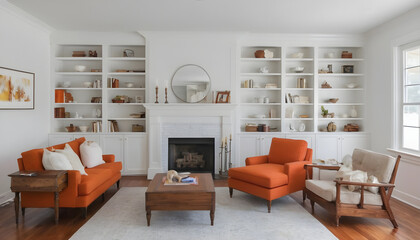 beautiful modern living room with fireplace and black and white decor