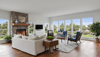 two story modern living room with fireplace and neutral decor