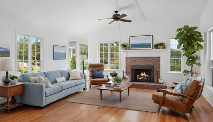 beautiful living room with neutral decor and cathedral ceiling