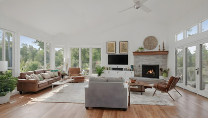 beautiful living room with fireplace and neutral decor and cathedral ceiling