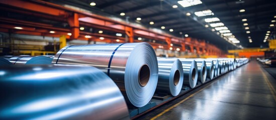 Rolls of cold-rolled galvanized steel in a warehouse. - obrazy, fototapety, plakaty