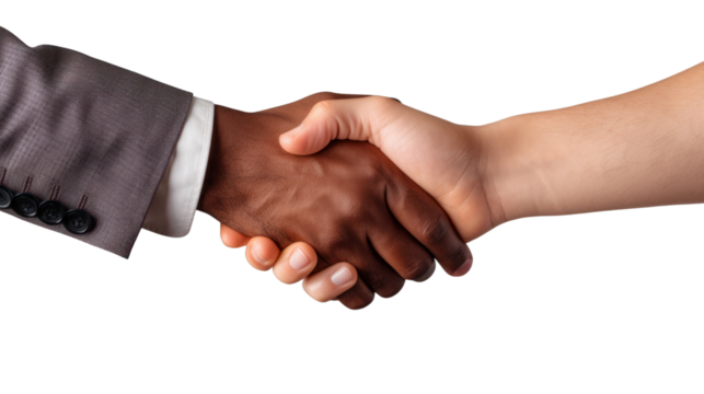 Businessmen of different nationalities shaking hands isolated on transparent and white background.PNG image.