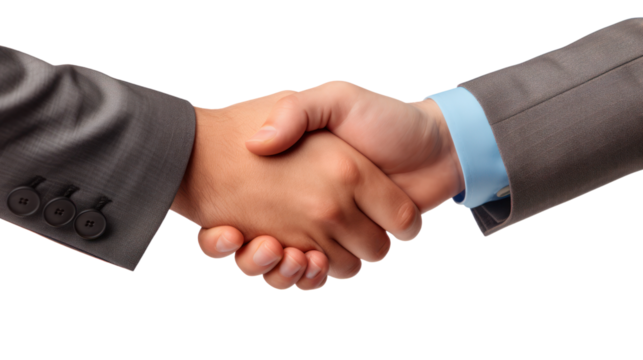 Businessmen of different nationalities shaking hands isolated on transparent and white background.PNG image.