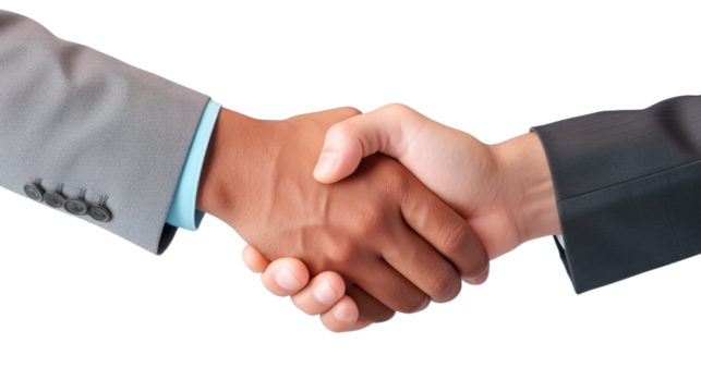 Businessmen of different nationalities shaking hands isolated on transparent and white background.PNG image.