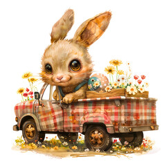  Rabbit and Truck Watercolor Painting