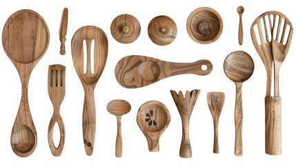 Wooden kitchen utensils isolated on transparent and white background.PNG image.