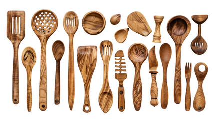 Wooden kitchen utensils isolated on transparent and white background.PNG image.