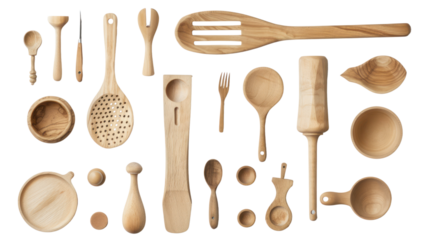 Wooden kitchen utensils isolated on transparent and white background.PNG image.