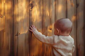 Toddlers practice walking by holding onto a wooden wall. - obrazy, fototapety, plakaty