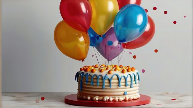 Colorful cake on a stand decorated with sweets, stars, ballons, chocolate for baby birthday on a light background. Child's holiday. Gentle, tender colors. Generative 