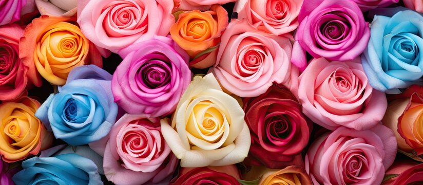 A close-up of a vibrant bunch of multicolored roses, showcasing the stunning variety of colors and patterns found within the rose family. Each rose blooms in its unique shade, creating a beautiful and